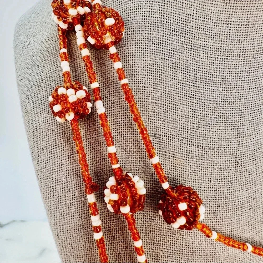 Vintage Beaded Station Necklace Very Long 62” Burnt Orange Polka Dot Est…